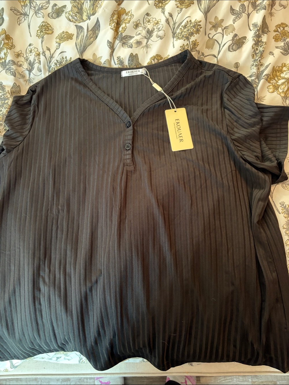 Ekouer Black Ribbed V-Neck Short Sleeve Tee